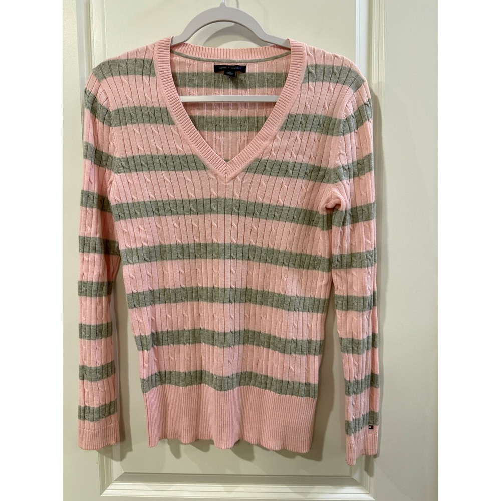 Tommy Hilfiger Womens Pink Gray‎ Striped V-Neck Cable Knit Sweater Size M